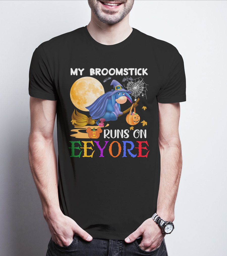 My Broomstick Runs On Eeyore Halloween Moon Bat Pumpkin T-Shirt