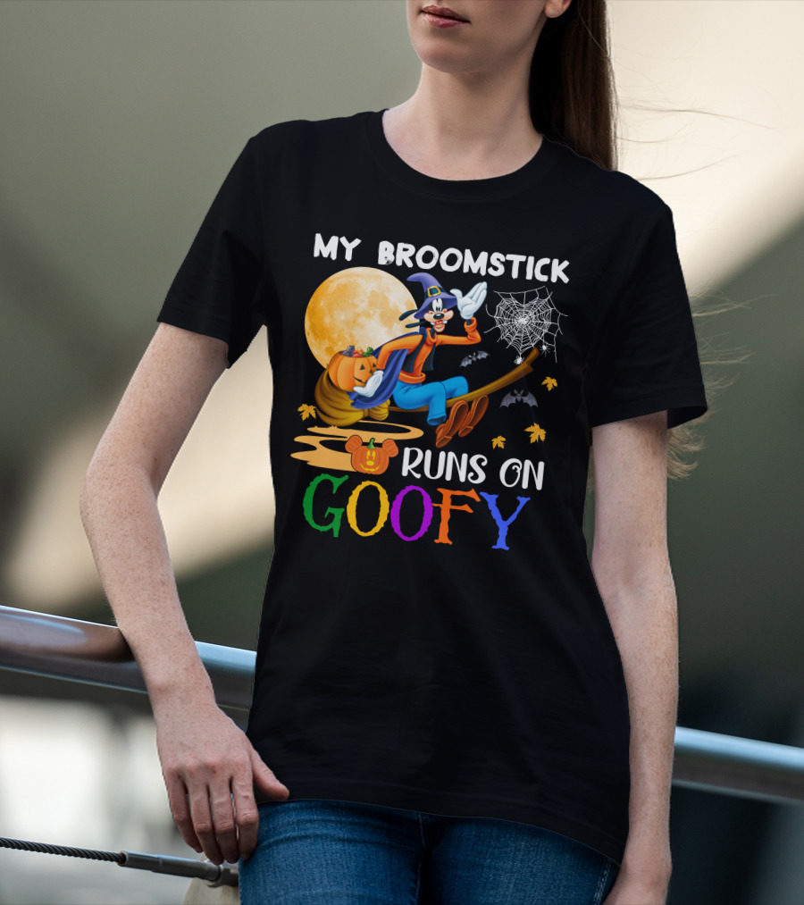 My Broomstick Runs On Goofy Halloween Moon Pumpkin Spiderweb T-Shirt