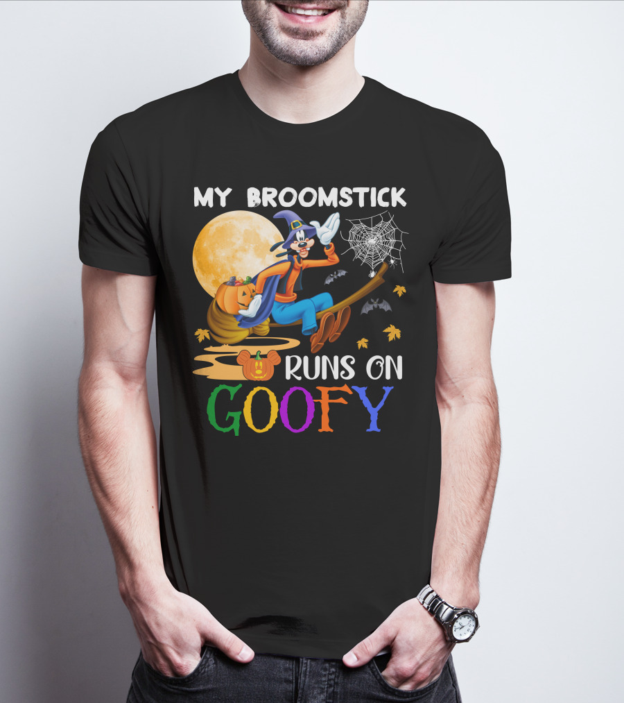 My Broomstick Runs On Goofy Halloween Moon Pumpkin Spiderweb T-Shirt