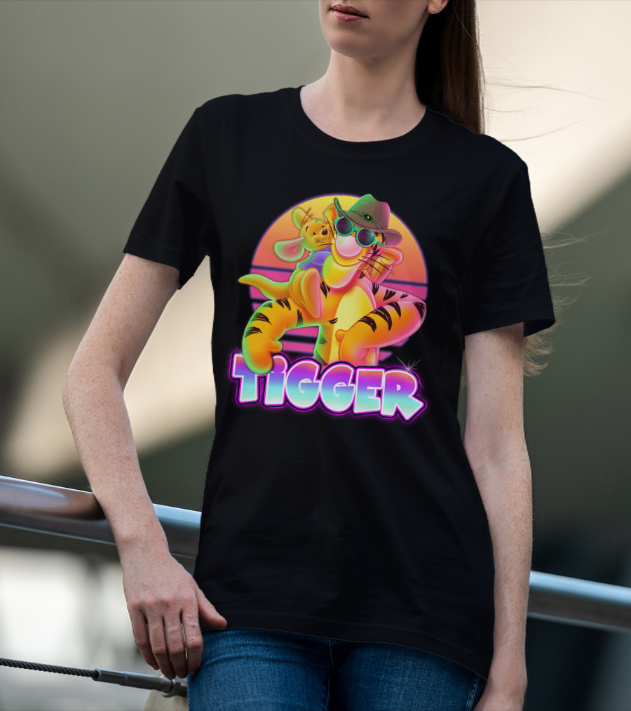 Tigger Retro Sunset Style With Piglet And Cool Hat T-Shirt