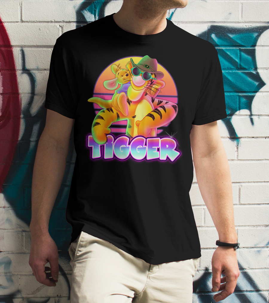 Tigger Retro Sunset Style With Piglet And Cool Hat T-Shirt