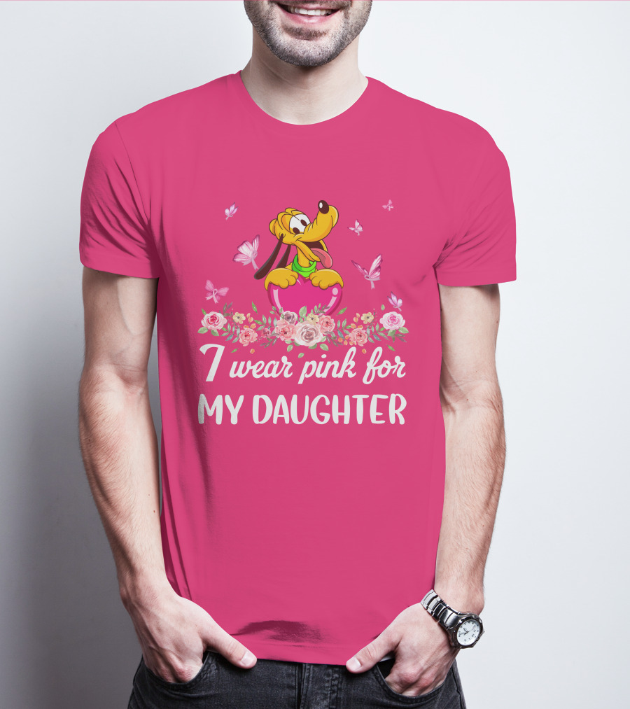 I Wear Pink For My Daughter Pluto Disney Floral Butterflies T-Shirt