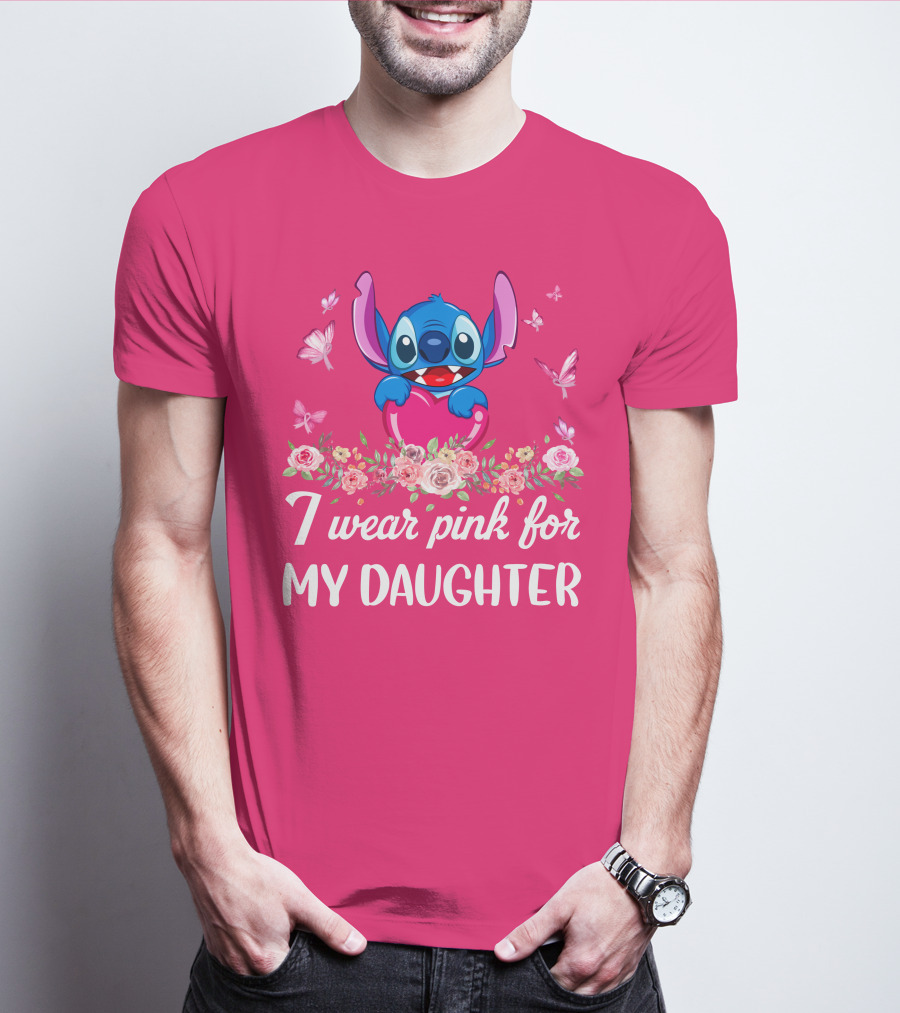 I Wear Pink For My Daughter Stitch Butterfly Roses T-Shirt