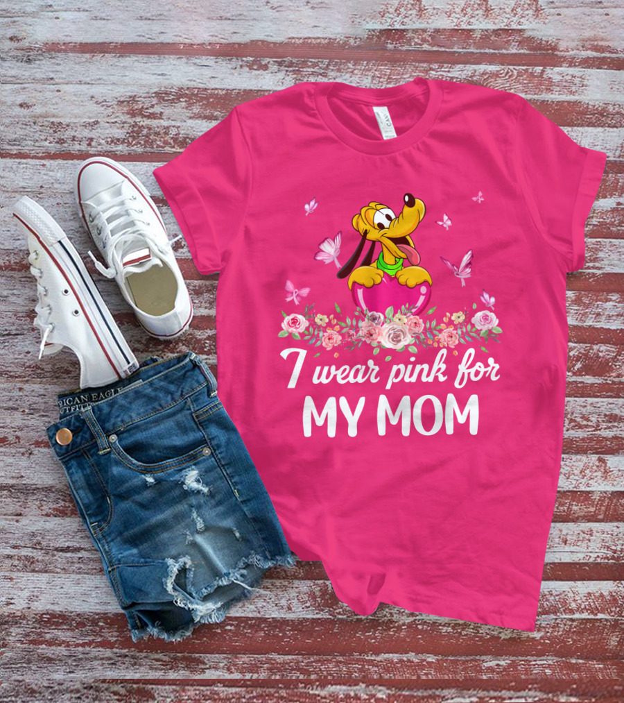 I Wear Pink For My Mom Pluto Butterflies Roses T-Shirt