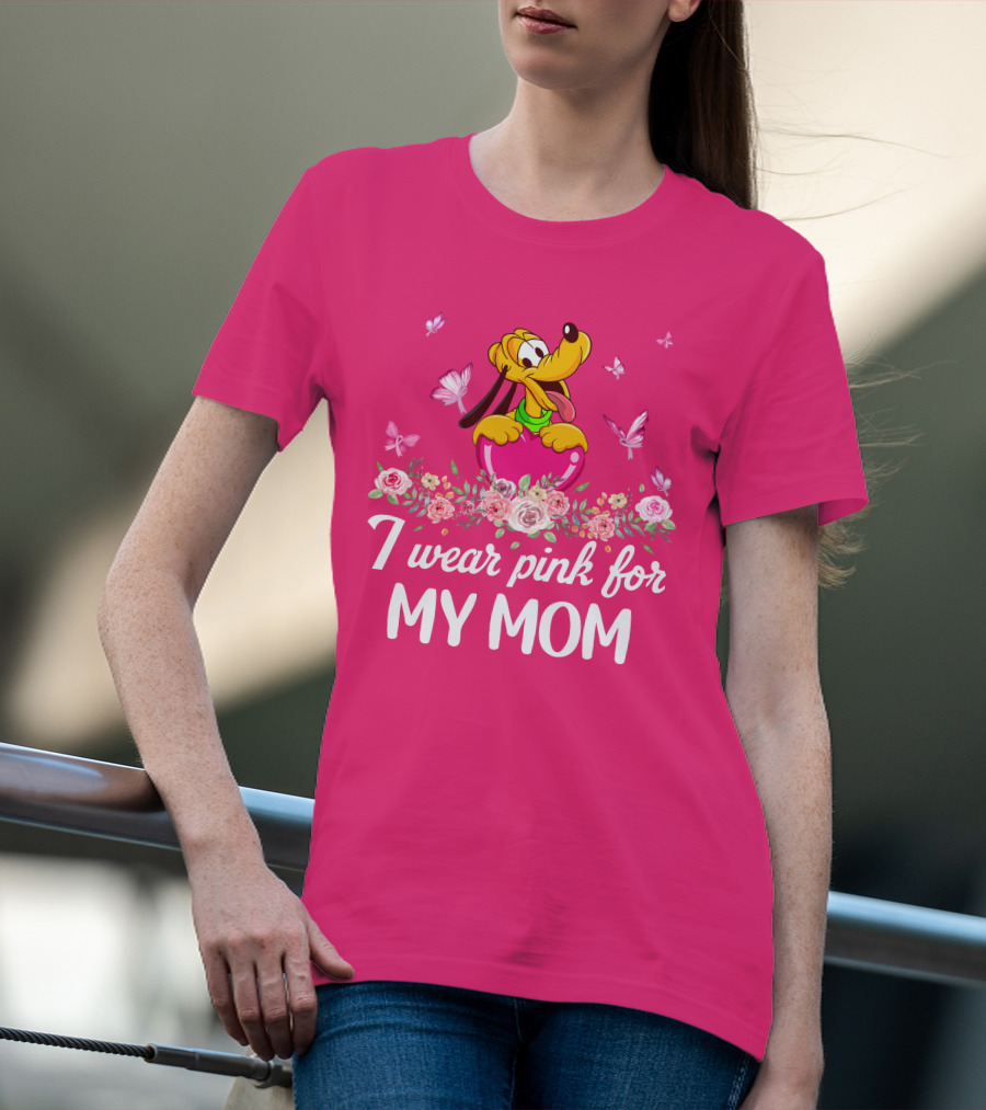 I Wear Pink For My Mom Pluto Butterflies Roses T-Shirt