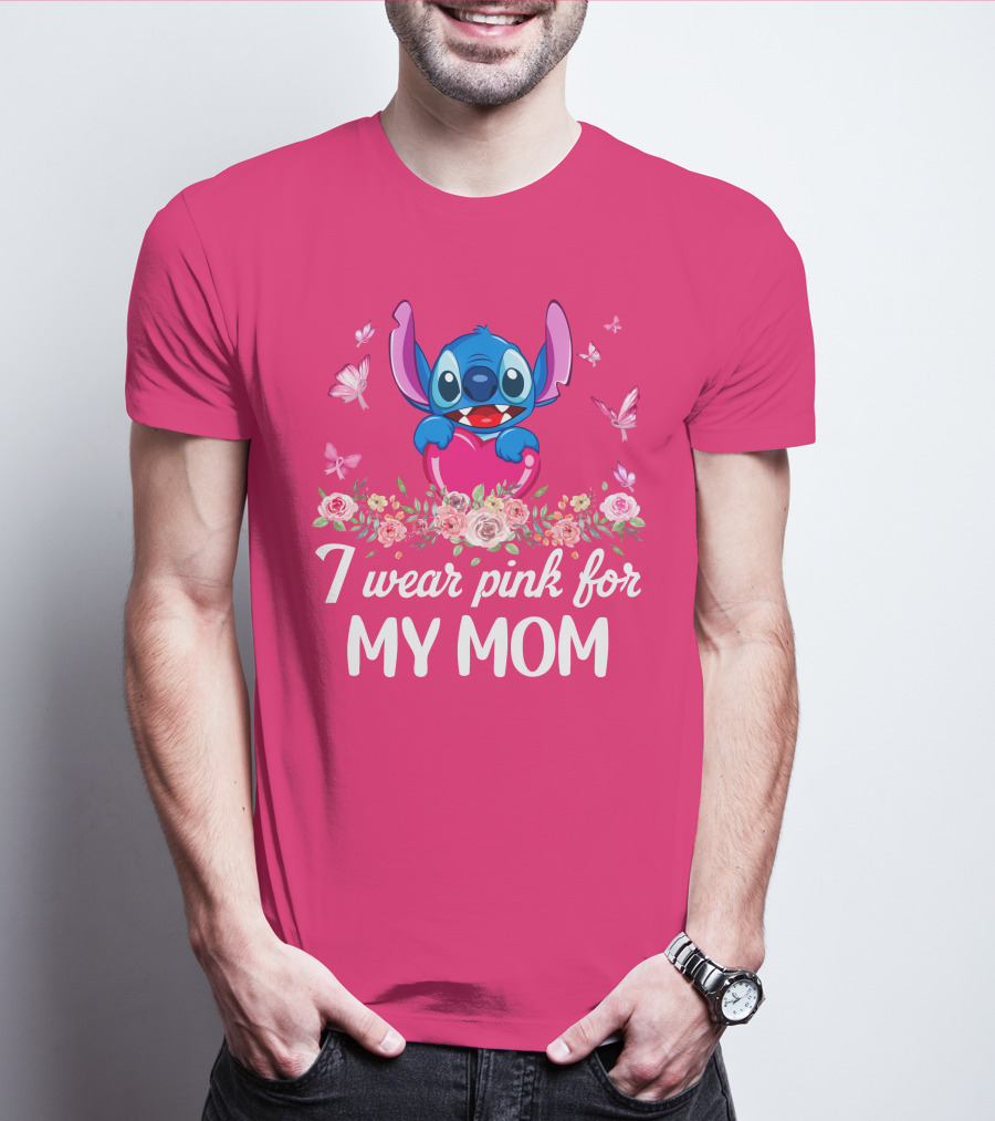 I Wear Pink For My Mom Stitch Floral Butterflies T-Shirt