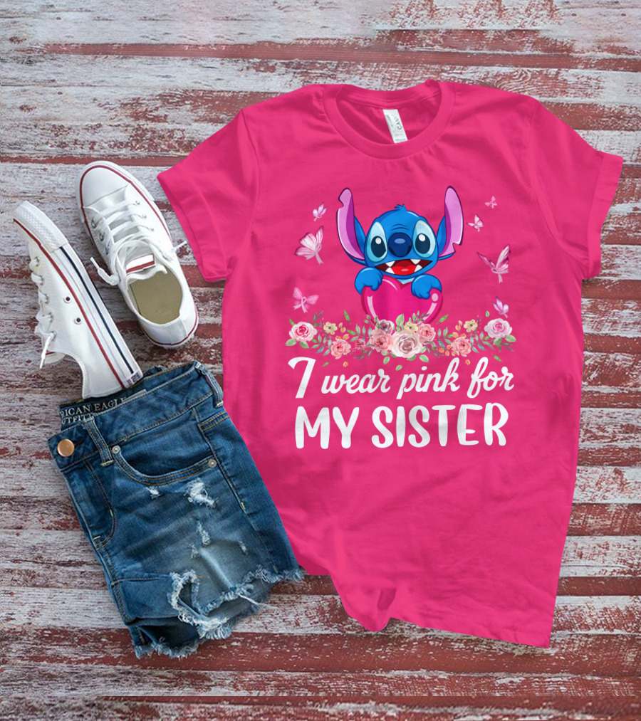 I Wear Pink For My Sister Stitch Butterfly Floral T-Shirt