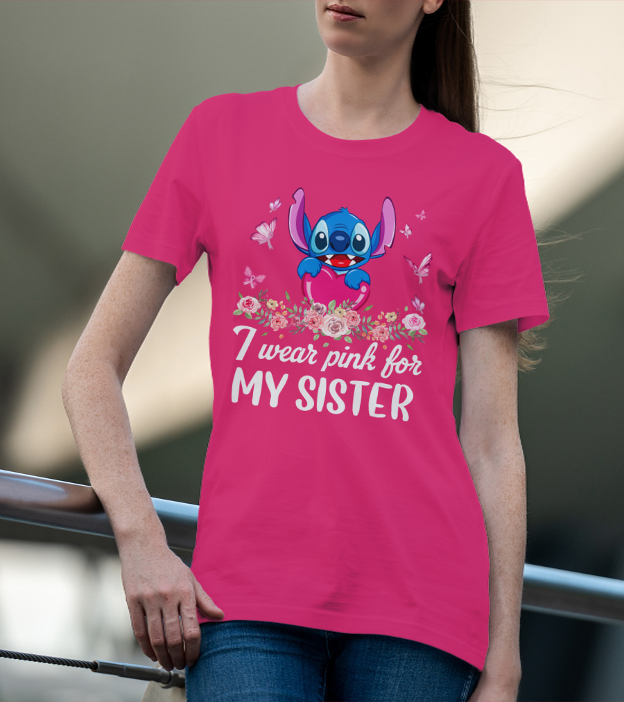 I Wear Pink For My Sister Stitch Butterfly Floral T-Shirt
