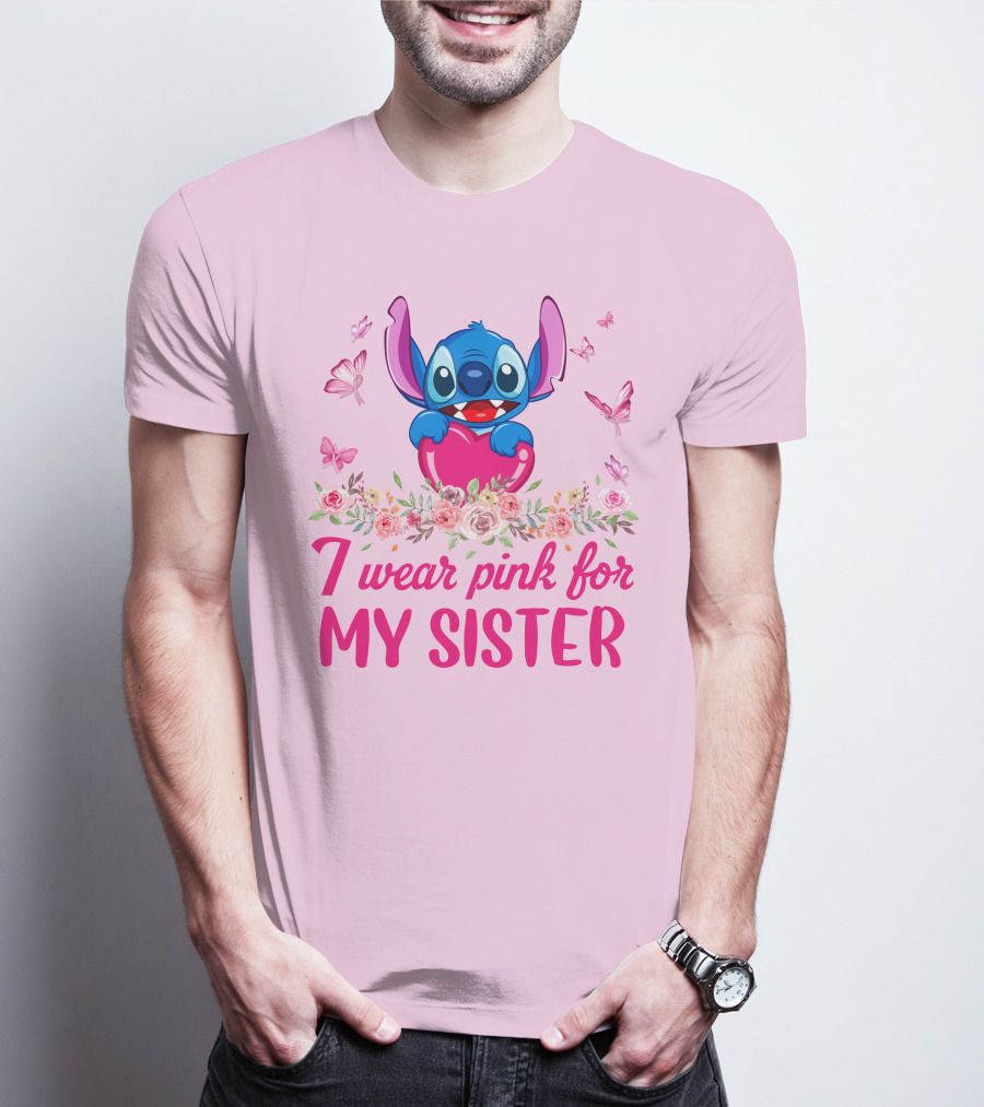 I Wear Pink For My Sister Stitch Butterfly Flower Theme T-Shirt