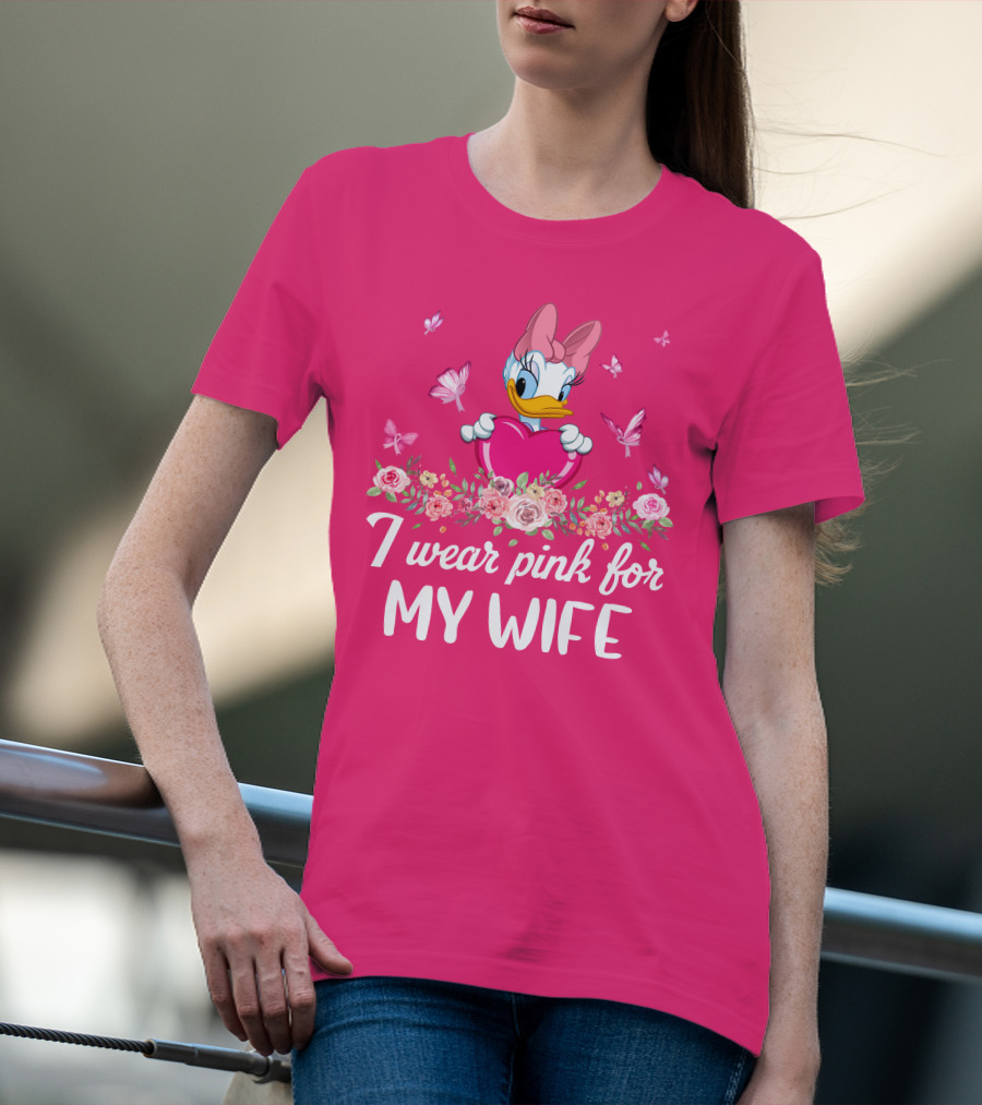 I Wear Pink For My Wife Daisy Roses Butterflies T-Shirt