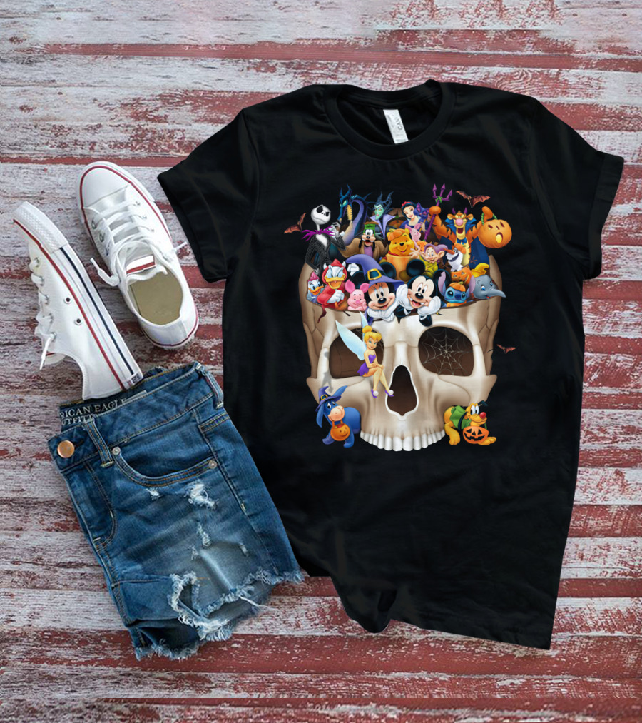 Disney Halloween Skull Characters Mickey Maleficent Jack Skellington Tinker Bell Stitch Donald Goofy T-Shirt
