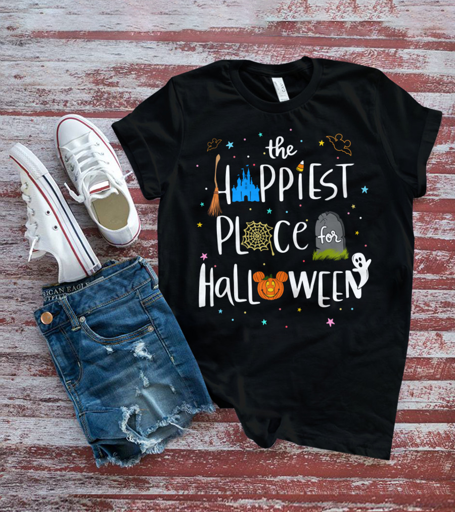 The Happiest Place For Halloween Spooky Castle Mickey Pumpkin Ghost Bats T-Shirt