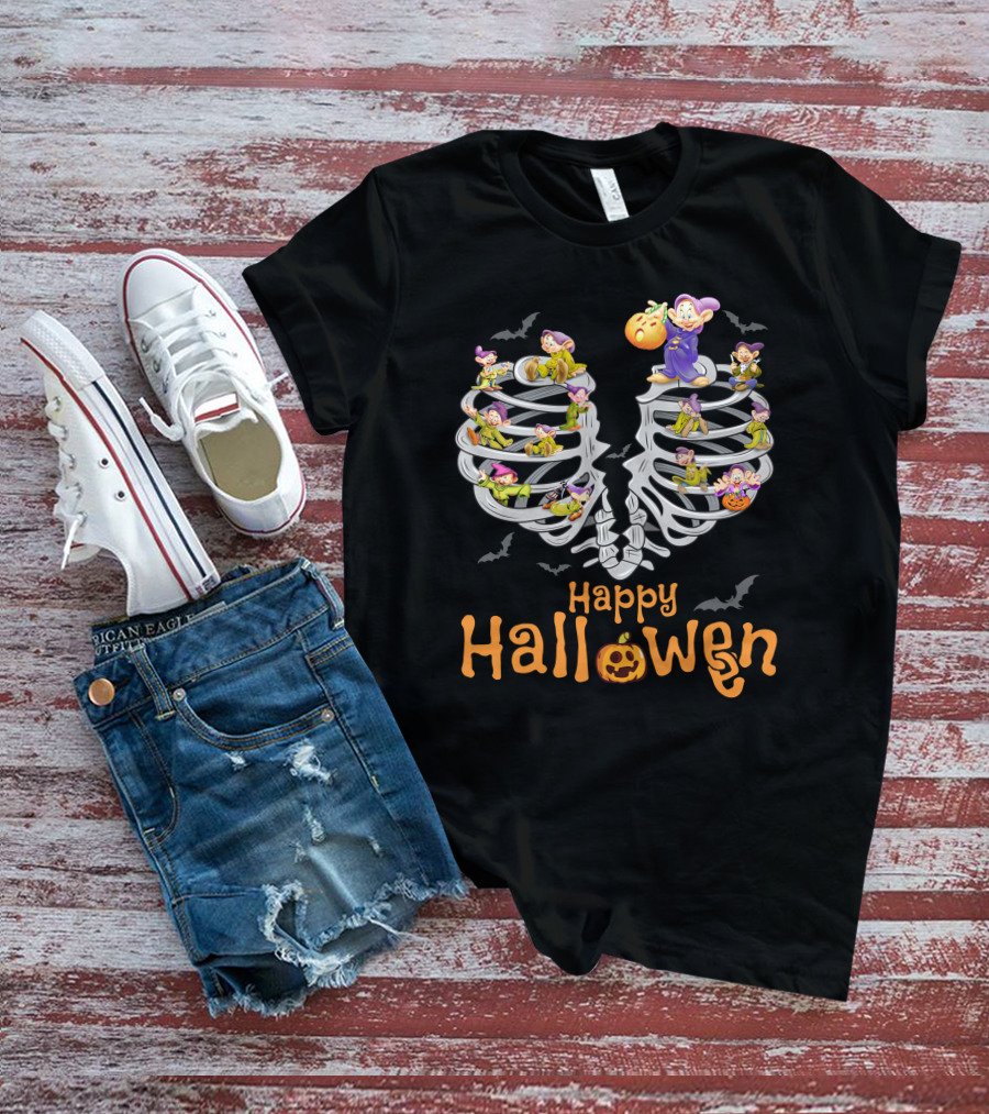 Happy Halloween Dopey Ribcage Bats And Pumpkins T-Shirt