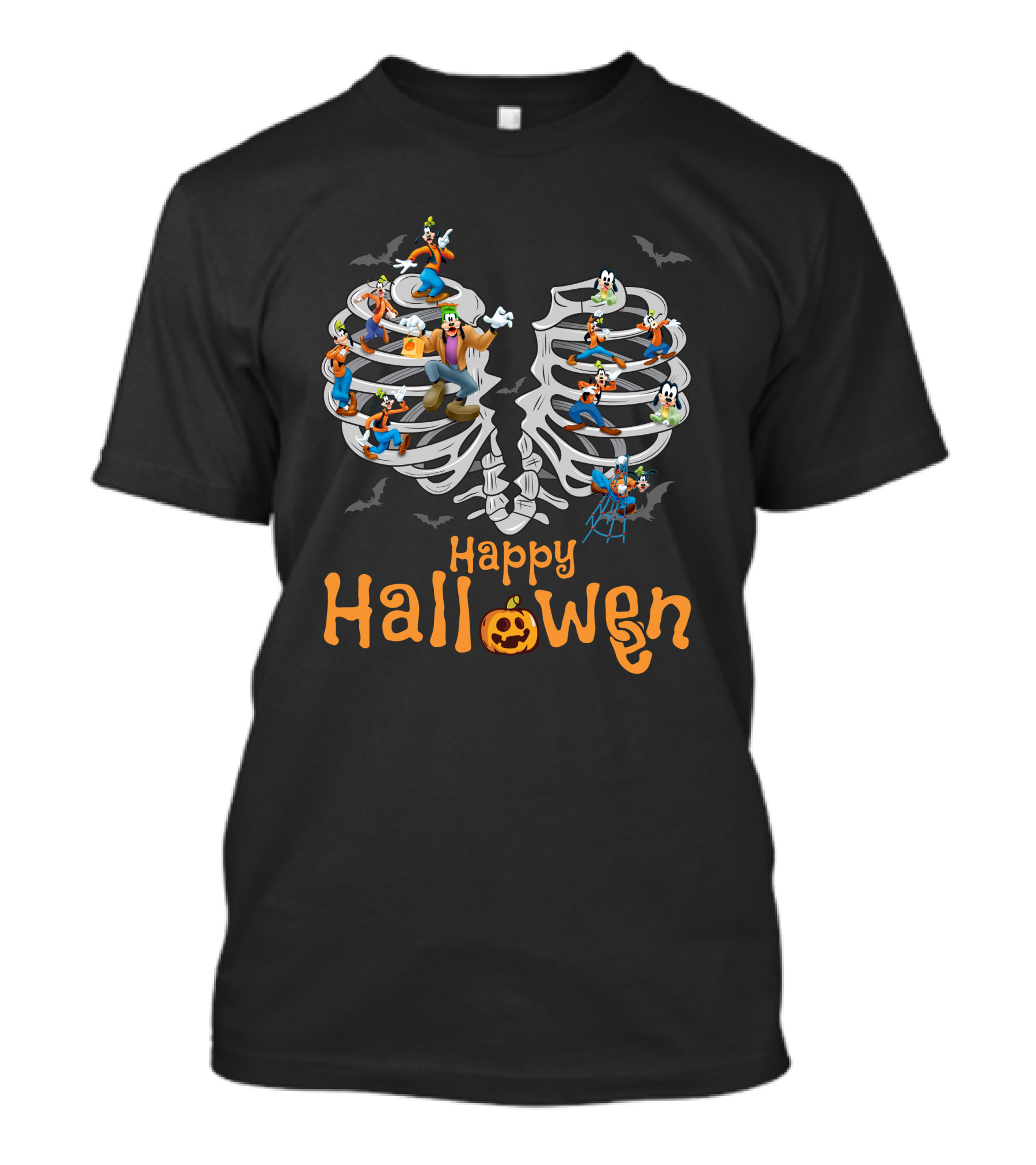 Happy Halloween Goofy Skeleton Ribcage Bats T-Shirt