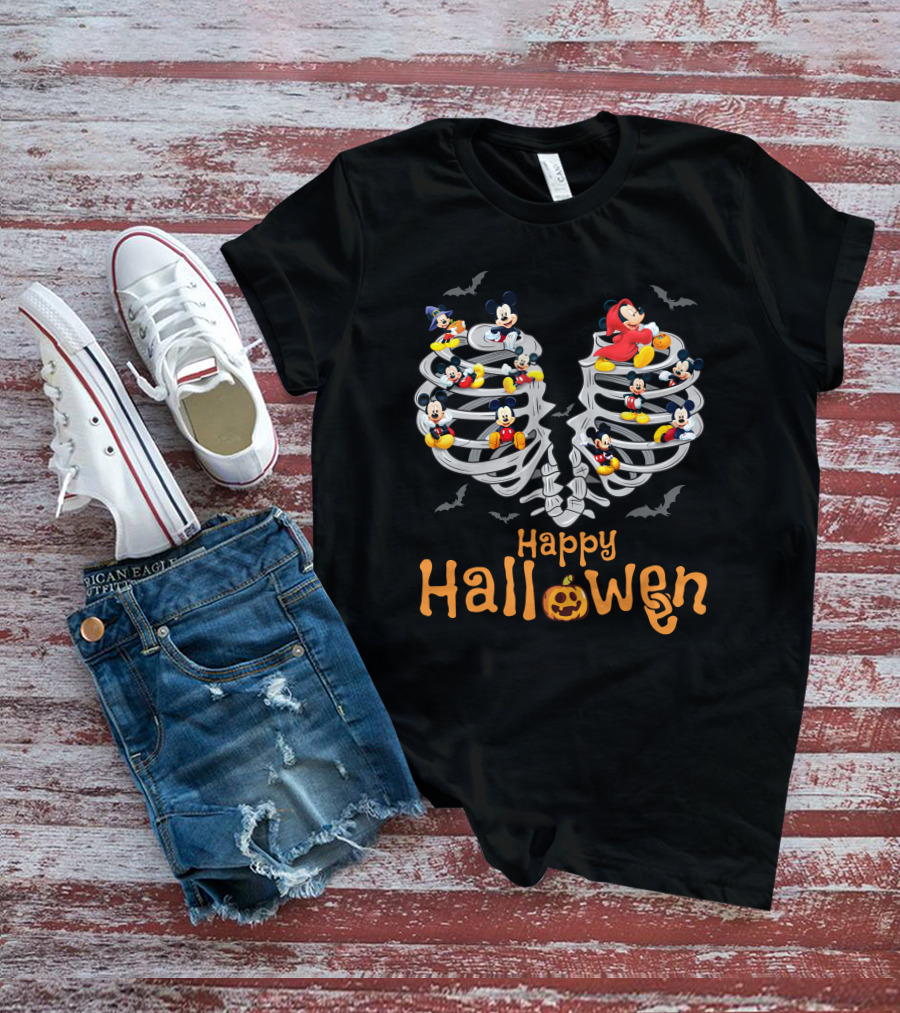Happy Halloween Mickey Rib Skeleton Bats T-Shirt
