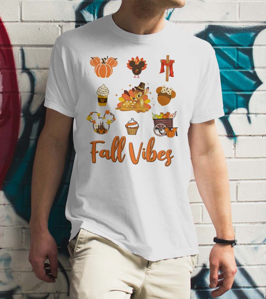 Fall Vibes Bambi Pumpkin Coffee Castle Mickey Ears Thanksgiving T-Shirt
