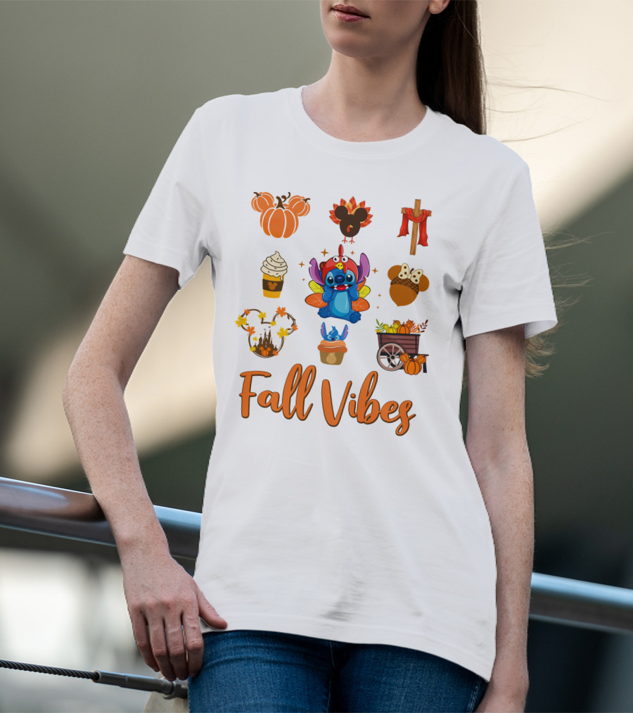 Stitch Fall Vibes Pumpkin Mickey Cupcake Autumn Cart Wagon Disney T-Shirt