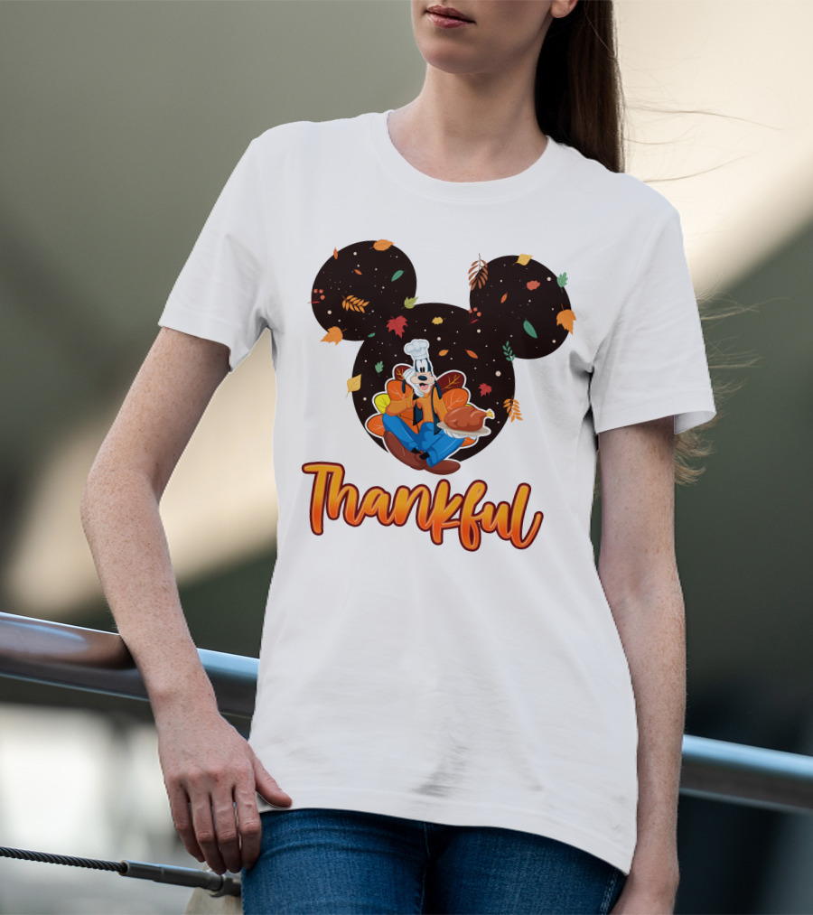 Thankful Goofy Chef With Turkey And Autumn Leaves Mickey Ears T-Shirt