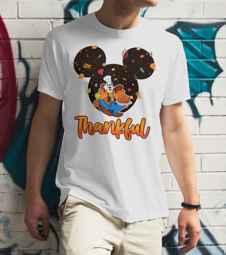 Thankful Goofy Chef With Turkey And Autumn Leaves Mickey Ears T-Shirt
