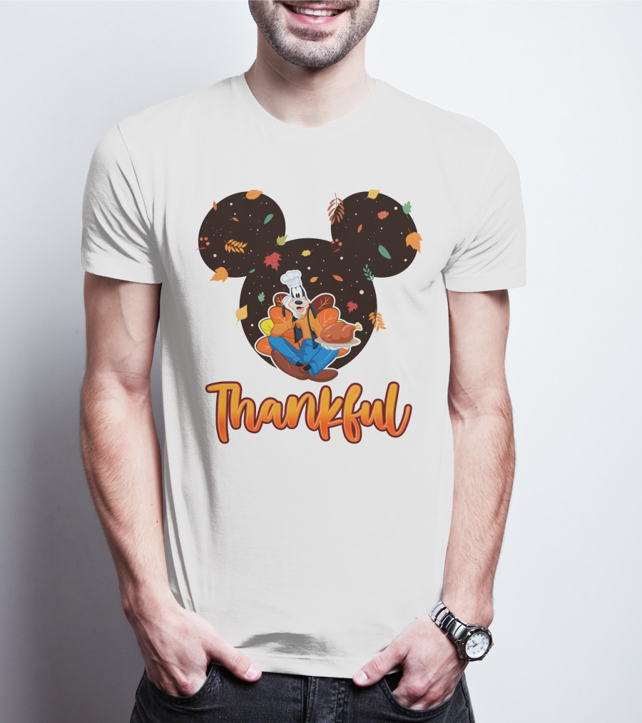 Thankful Goofy Chef With Turkey And Autumn Leaves Mickey Ears T-Shirt