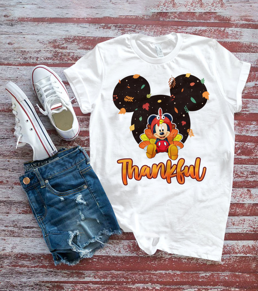 Thankful Mickey Mouse Thanksgiving Leaves T-Shirt