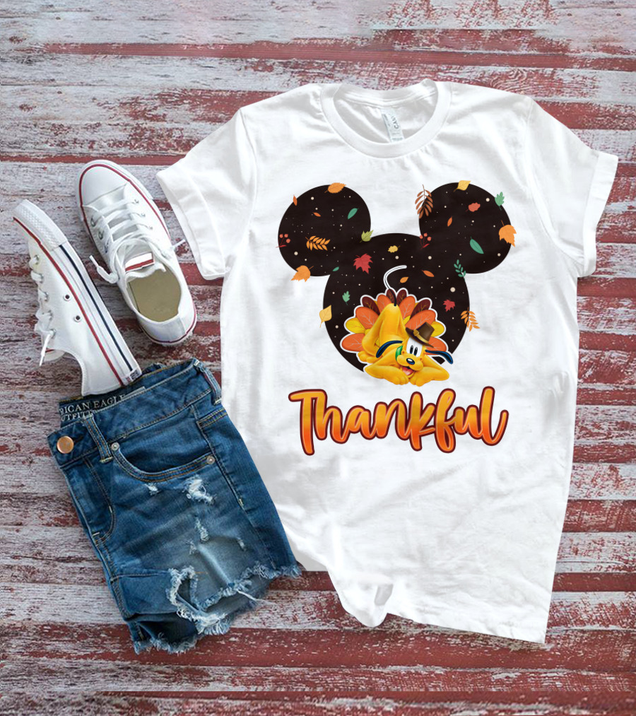 Thankful Pluto In Autumn Leaves Mickey Ears T-Shirt