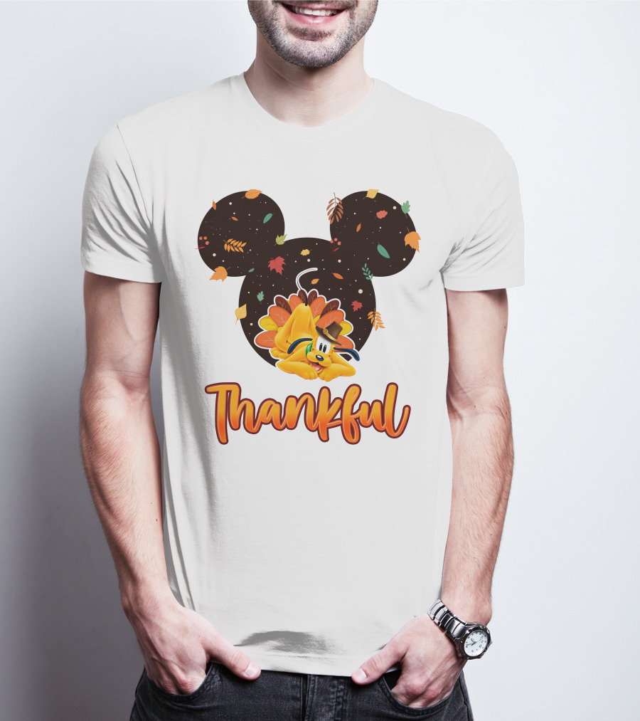 Thankful Pluto In Autumn Leaves Mickey Ears T-Shirt