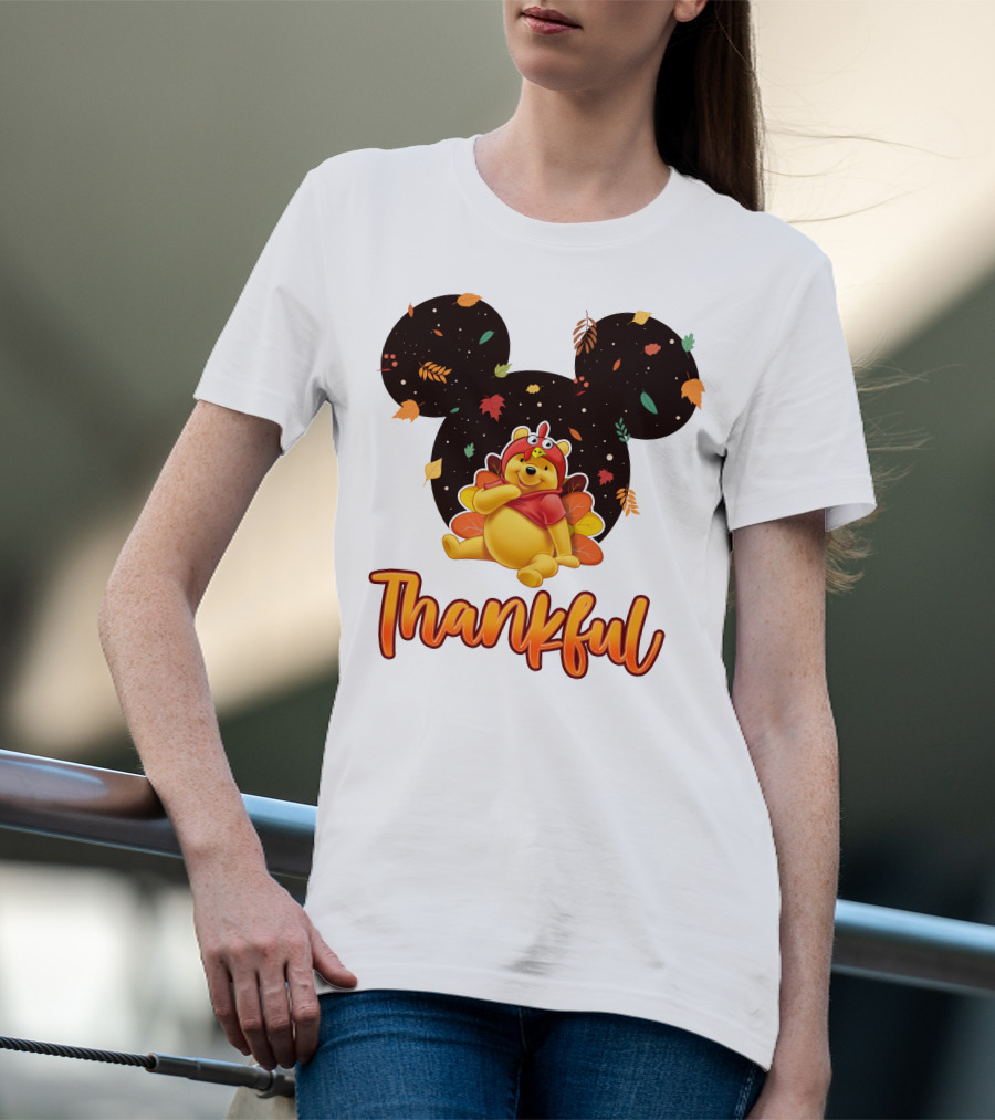Thankful Pooh Turkey Costume Mickey Ears Leaves T-Shirt