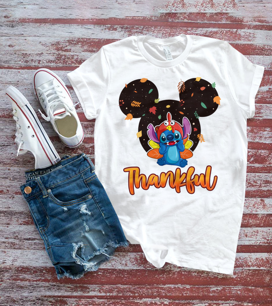 Thankful Stitch Thanksgiving Mickey Ears Autumn Leaves T-Shirt