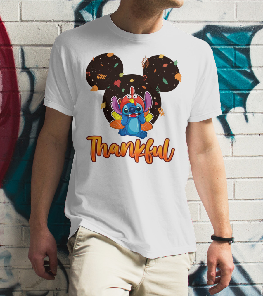 Thankful Stitch Thanksgiving Mickey Ears Autumn Leaves T-Shirt