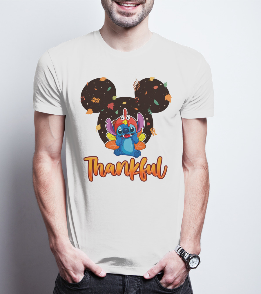 Thankful Stitch Thanksgiving Mickey Ears Autumn Leaves T-Shirt