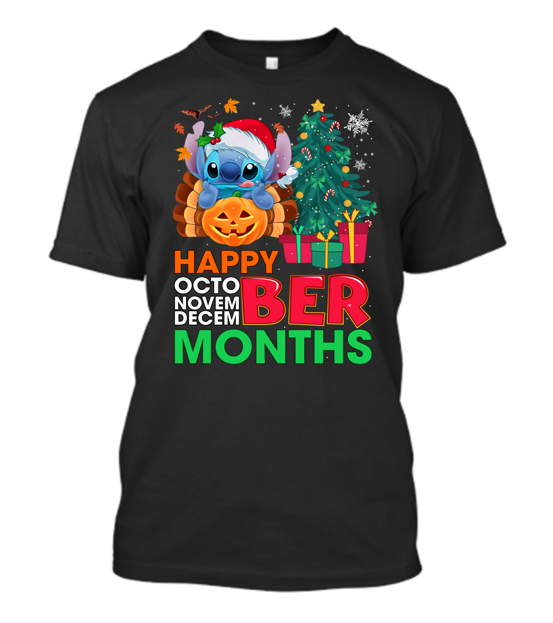 Happy Octo Novem Decem Ber Months Stitch Santa Hat Turkey Pumpkin Christmas Tree Presents T-Shirt