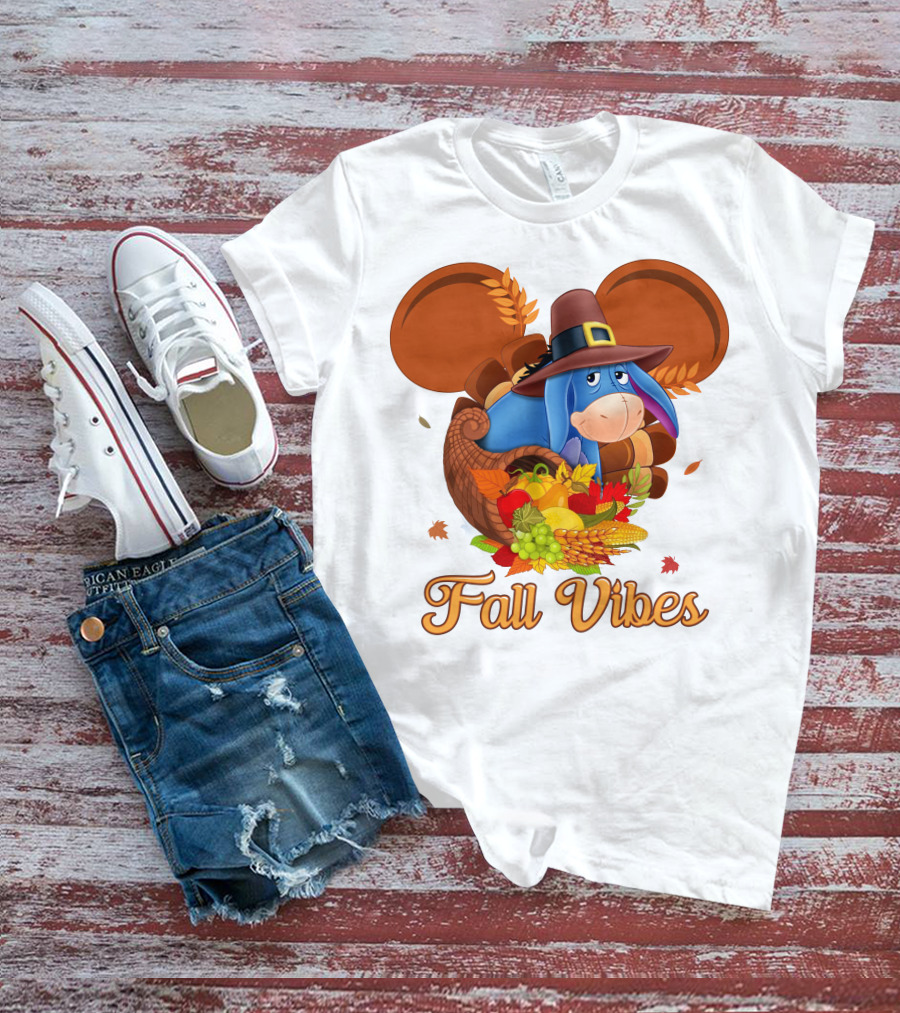 Eeyore Fall Vibes Cornucopia With Pilgrim Hat And Autumn Leaves T-Shirt