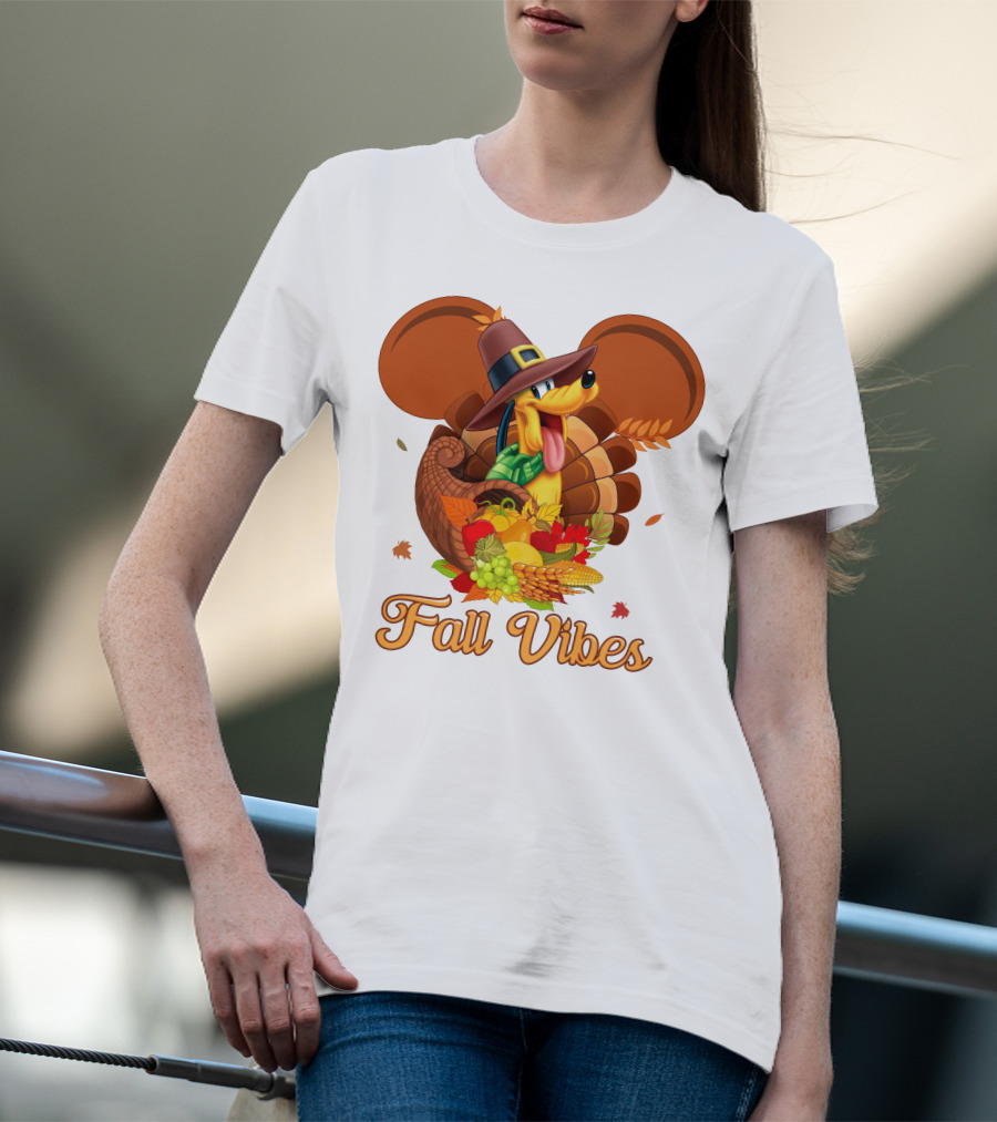 Pluto Fall Vibes Thanksgiving Cornucopia And Autumn Leaves T-Shirt