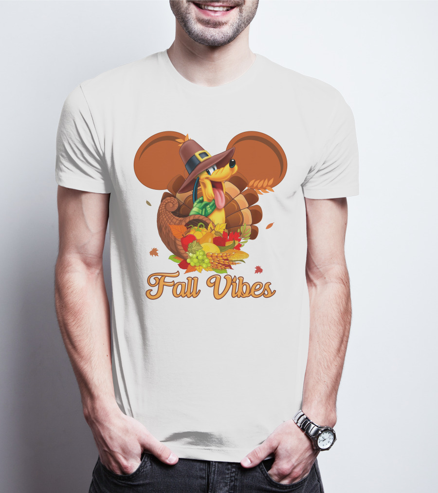 Pluto Fall Vibes Thanksgiving Cornucopia And Autumn Leaves T-Shirt