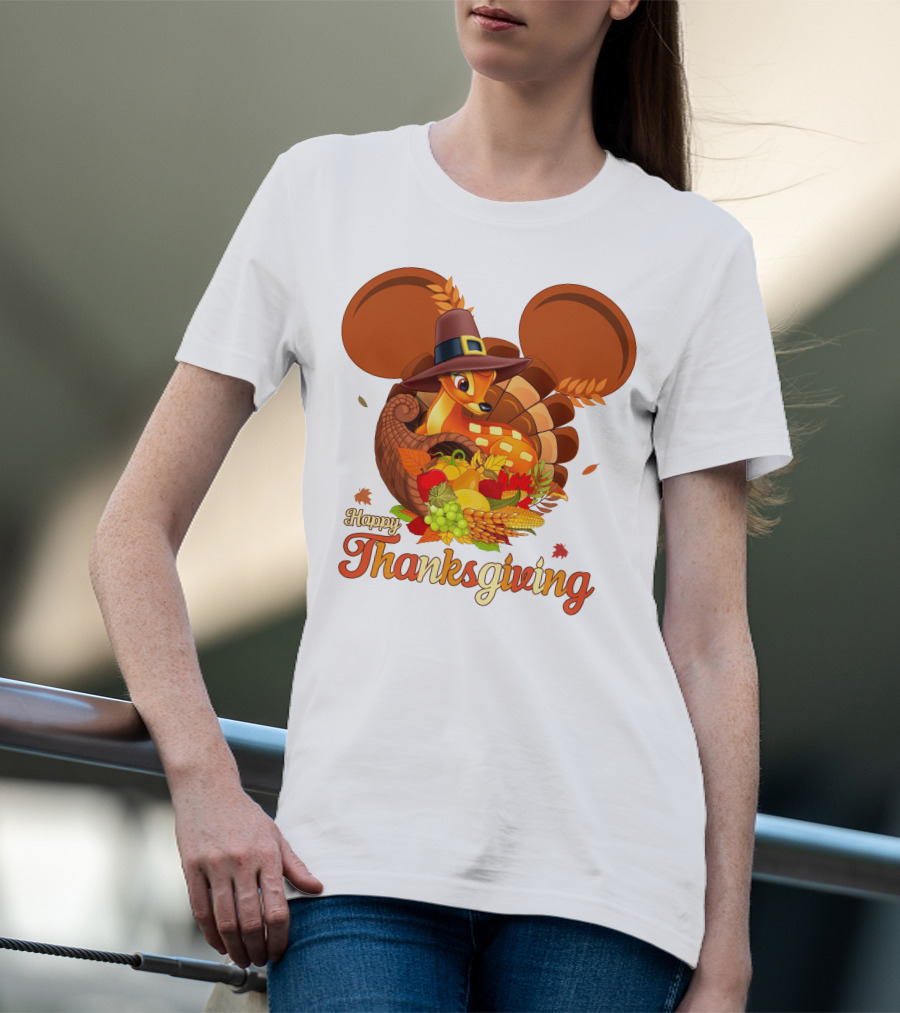 Happy Thanksgiving Bambi In Pilgrim Hat With Cornucopia And Mickey Ears T-Shirt