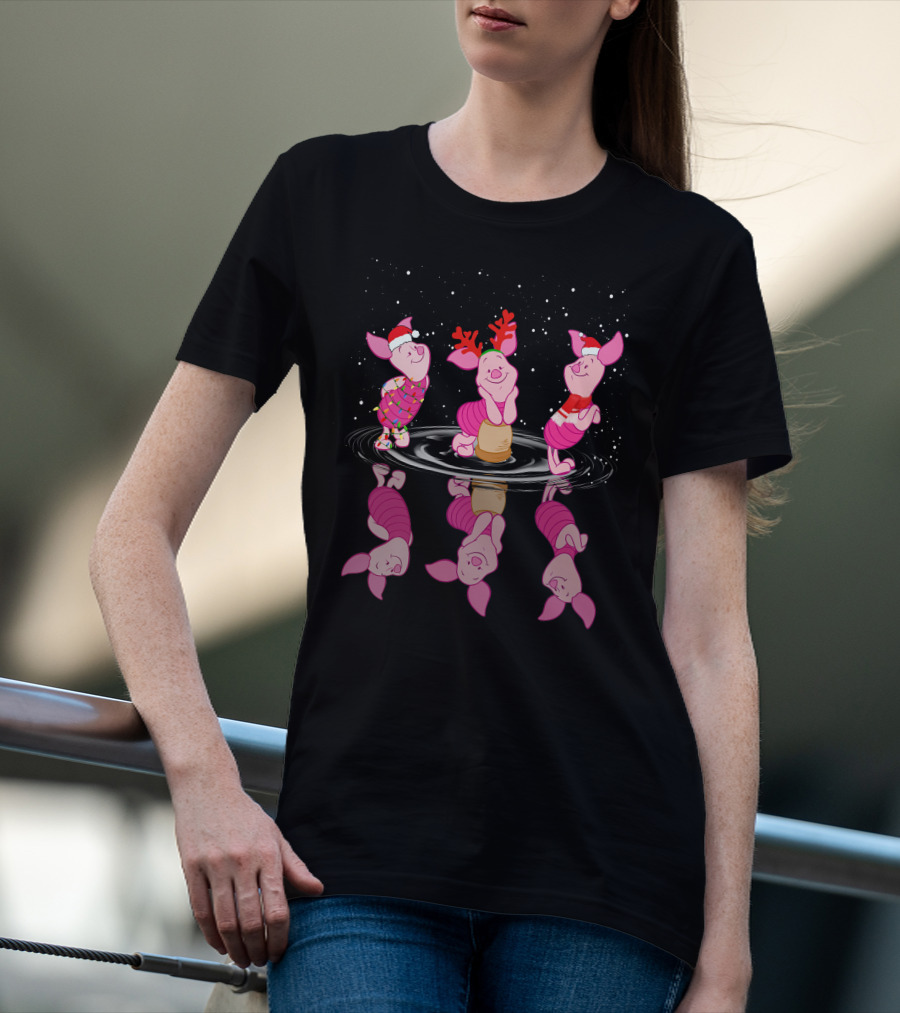 Piglet Christmas Festive Reflections With Santa Hats And Reindeer Antlers T-Shirt