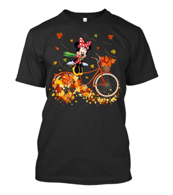 Minnie Mouse Autumn Bicycle Ride With Falling Leaves T-Shirt