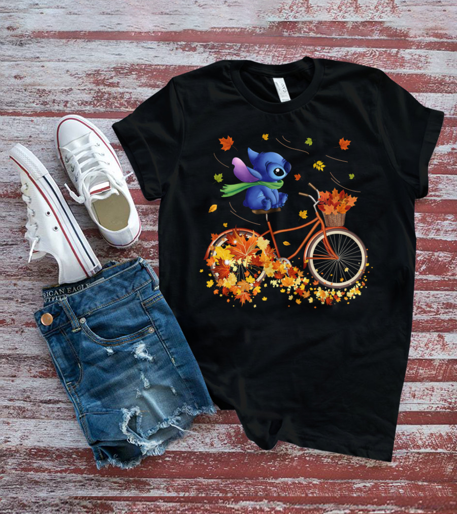 Stitch Autumn Bicycle Ride With Falling Leaves T-Shirt