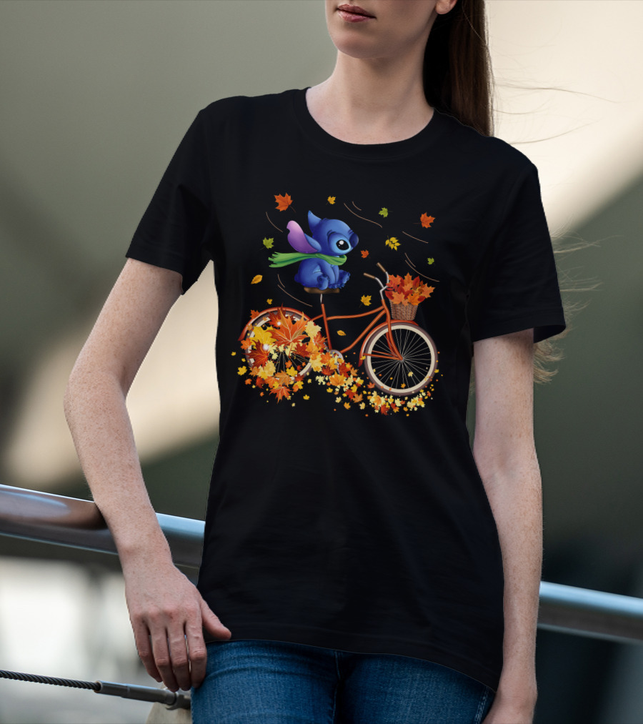 Stitch Autumn Bicycle Ride With Falling Leaves T-Shirt