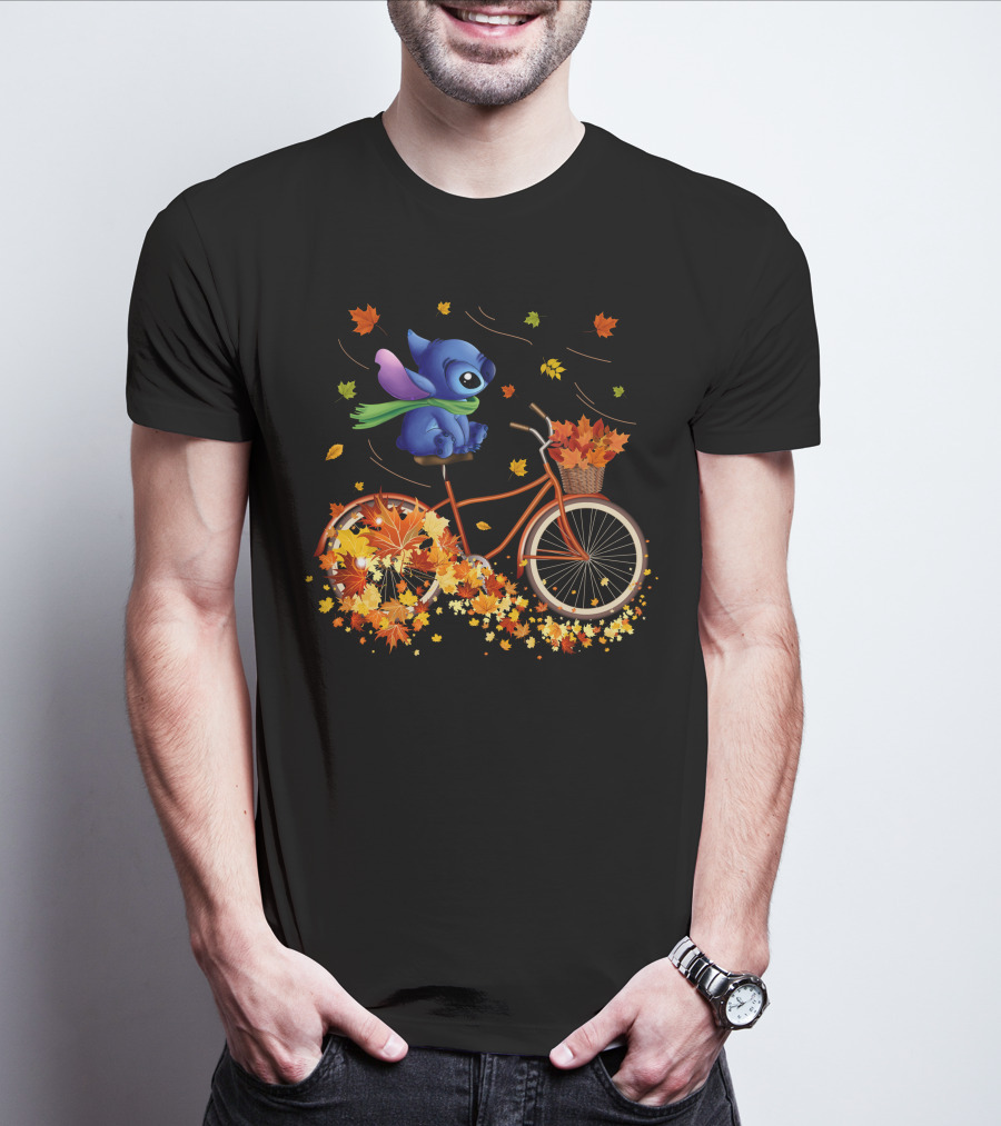 Stitch Autumn Bicycle Ride With Falling Leaves T-Shirt