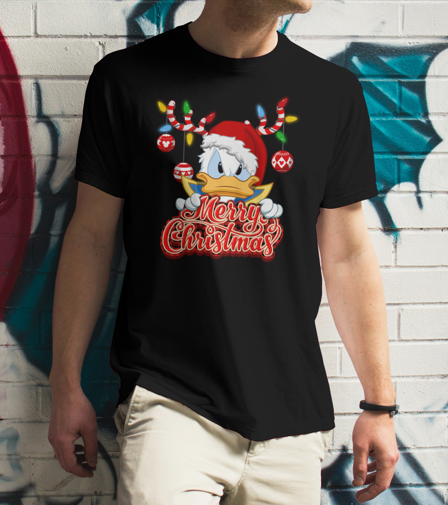 Merry Christmas Donald Wearing Santa Hat And Reindeer Antlers T-Shirt