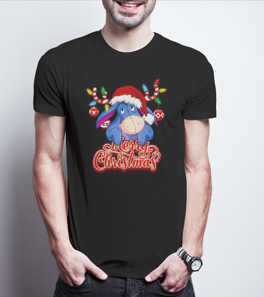 Eeyore Merry Christmas Santa Hat Reindeer Lights T-Shirt