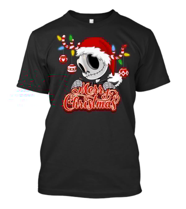 Merry Christmas Santa Jack Skellington With Candy Cane Lights And Ornaments T-Shirt