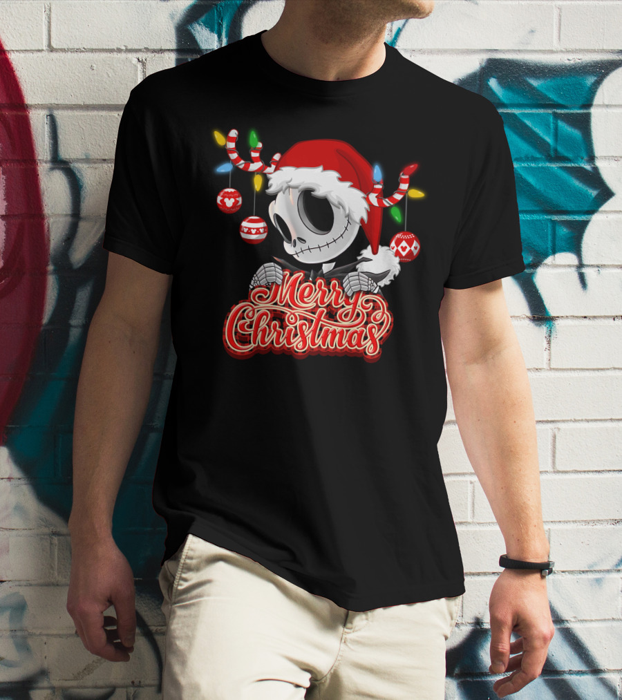 Merry Christmas Santa Jack Skellington With Candy Cane Lights And Ornaments T-Shirt