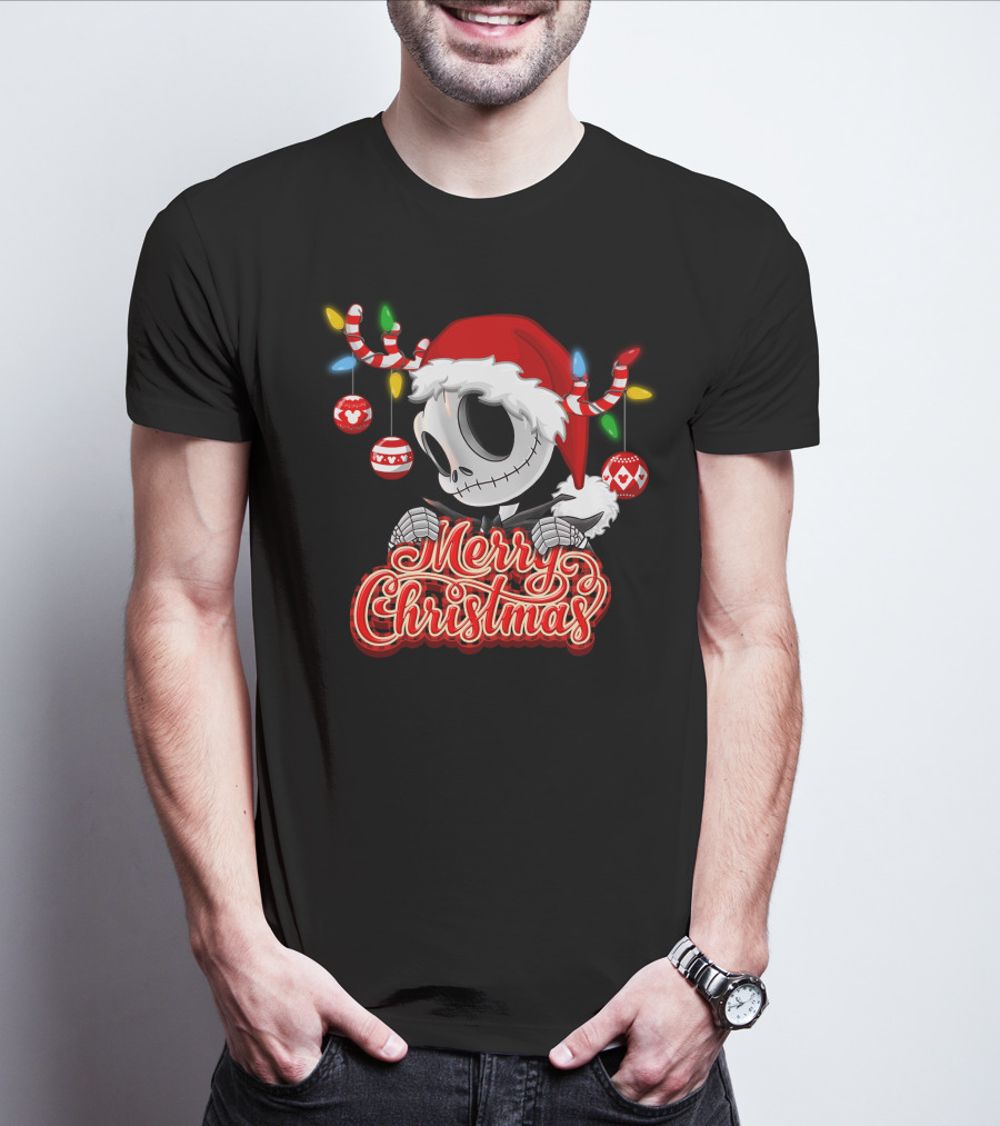 Merry Christmas Santa Jack Skellington With Candy Cane Lights And Ornaments T-Shirt