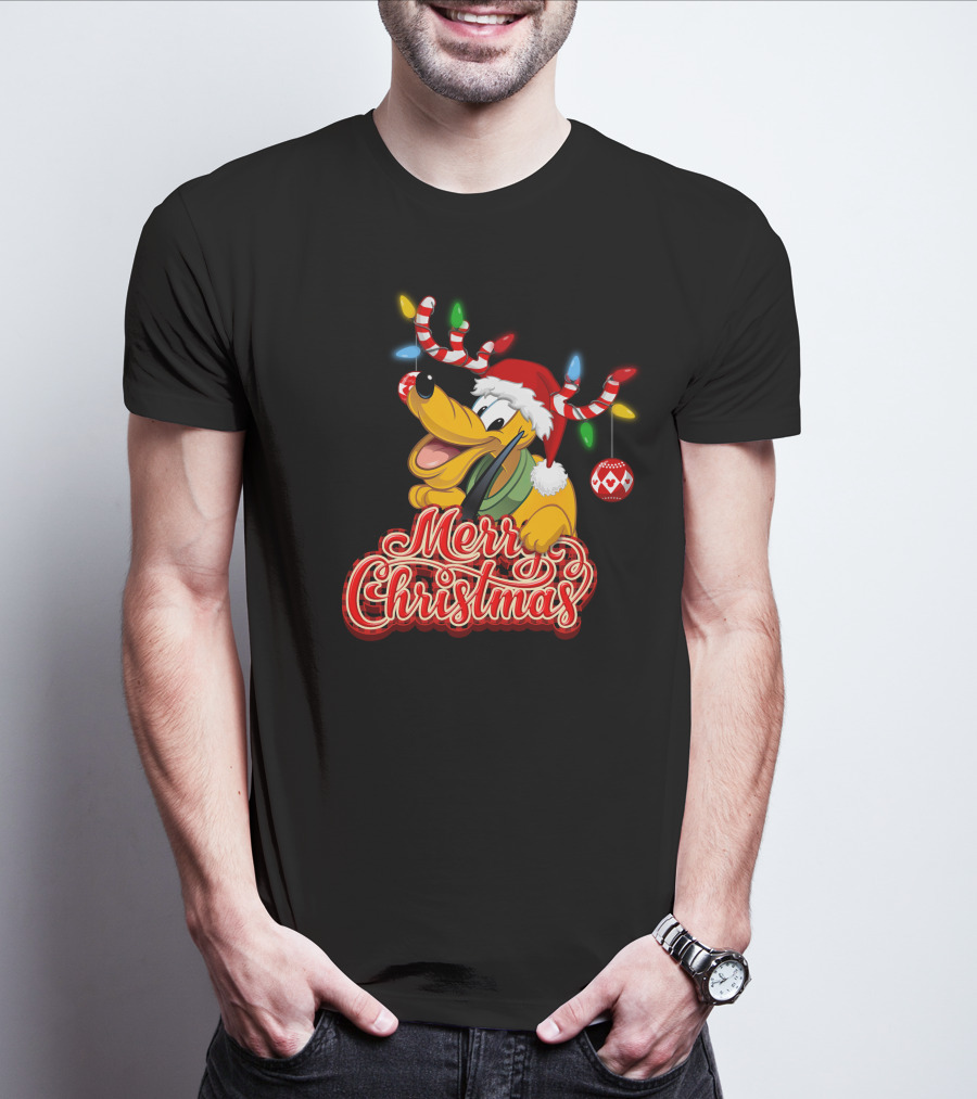 Merry Christmas Pluto Holiday Antlers And Santa Hat T-Shirt
