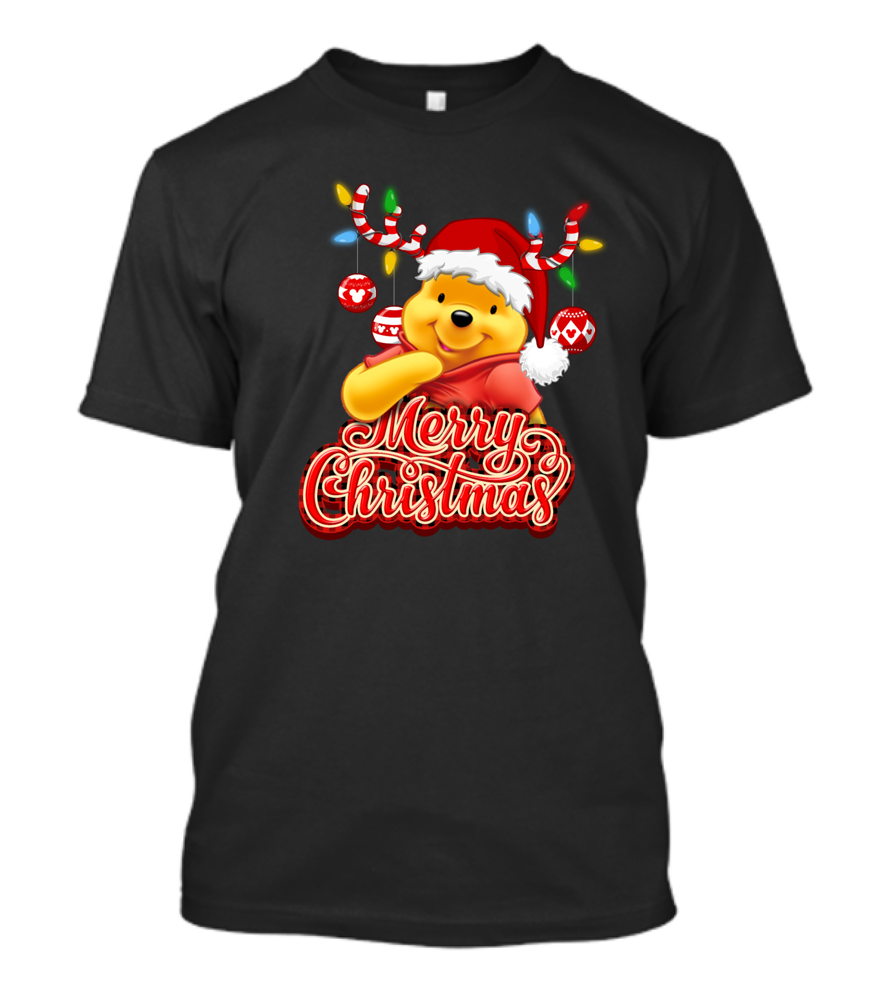Merry Christmas Pooh Santa Hat Festive Lights Antlers T-Shirt