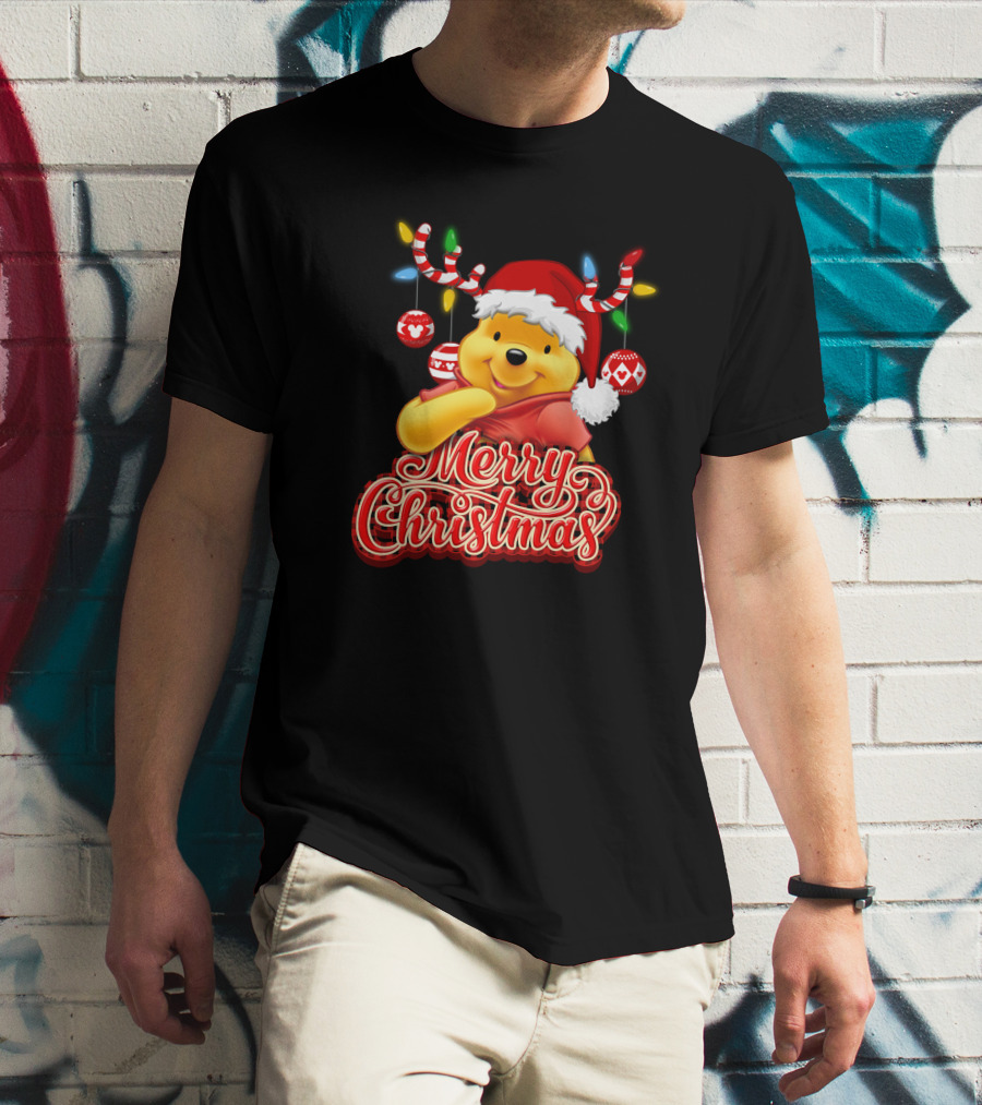 Merry Christmas Pooh Santa Hat Festive Lights Antlers T-Shirt