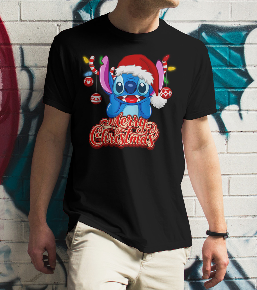 Merry Christmas Stitch Santa Hat Ornaments T-Shirt